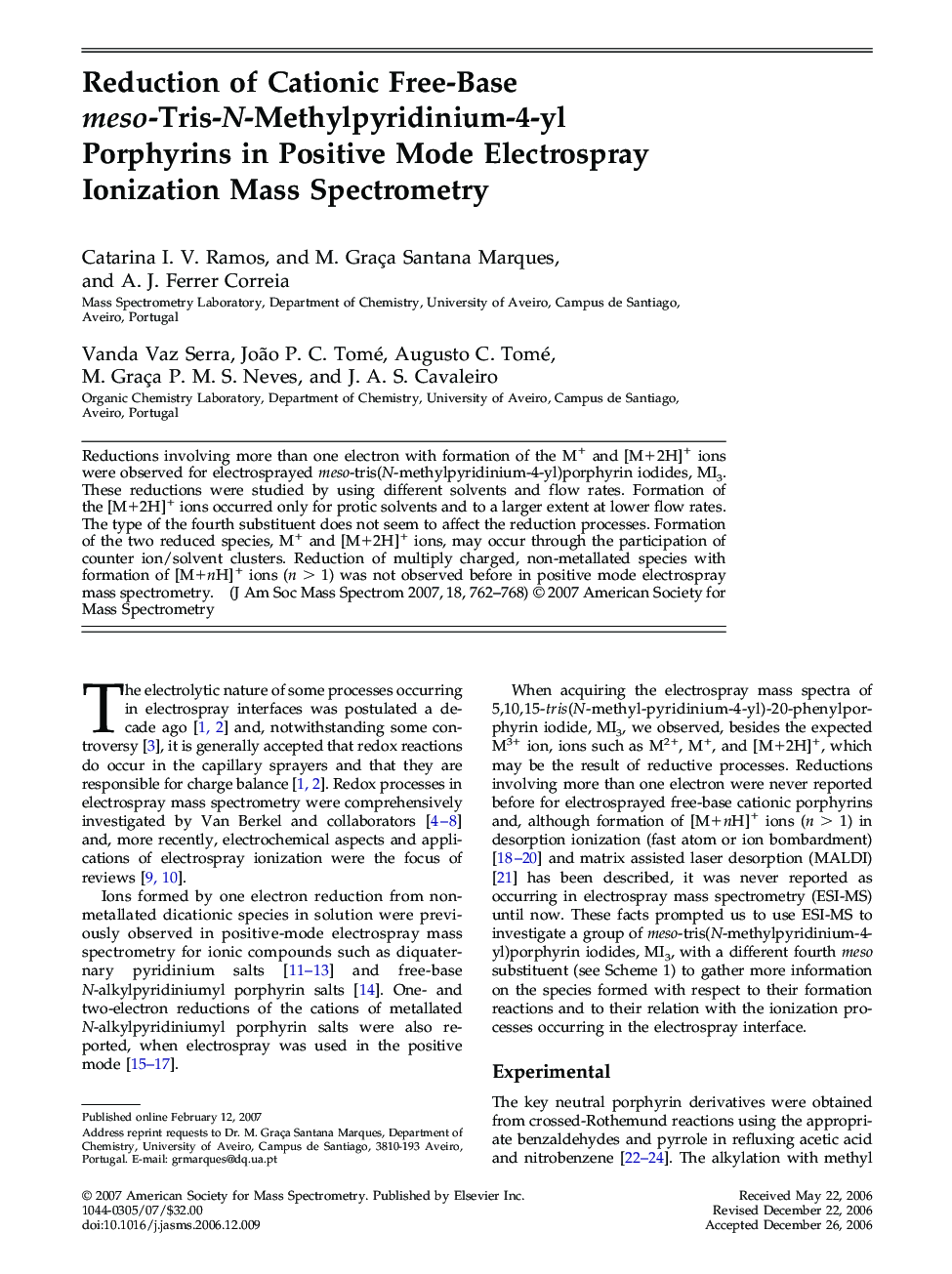 Reduction of Cationic Free-Base meso-Tris-N-Methylpyridinium-4-yl Porphyrins in Positive Mode Electrospray Ionization Mass Spectrometry 