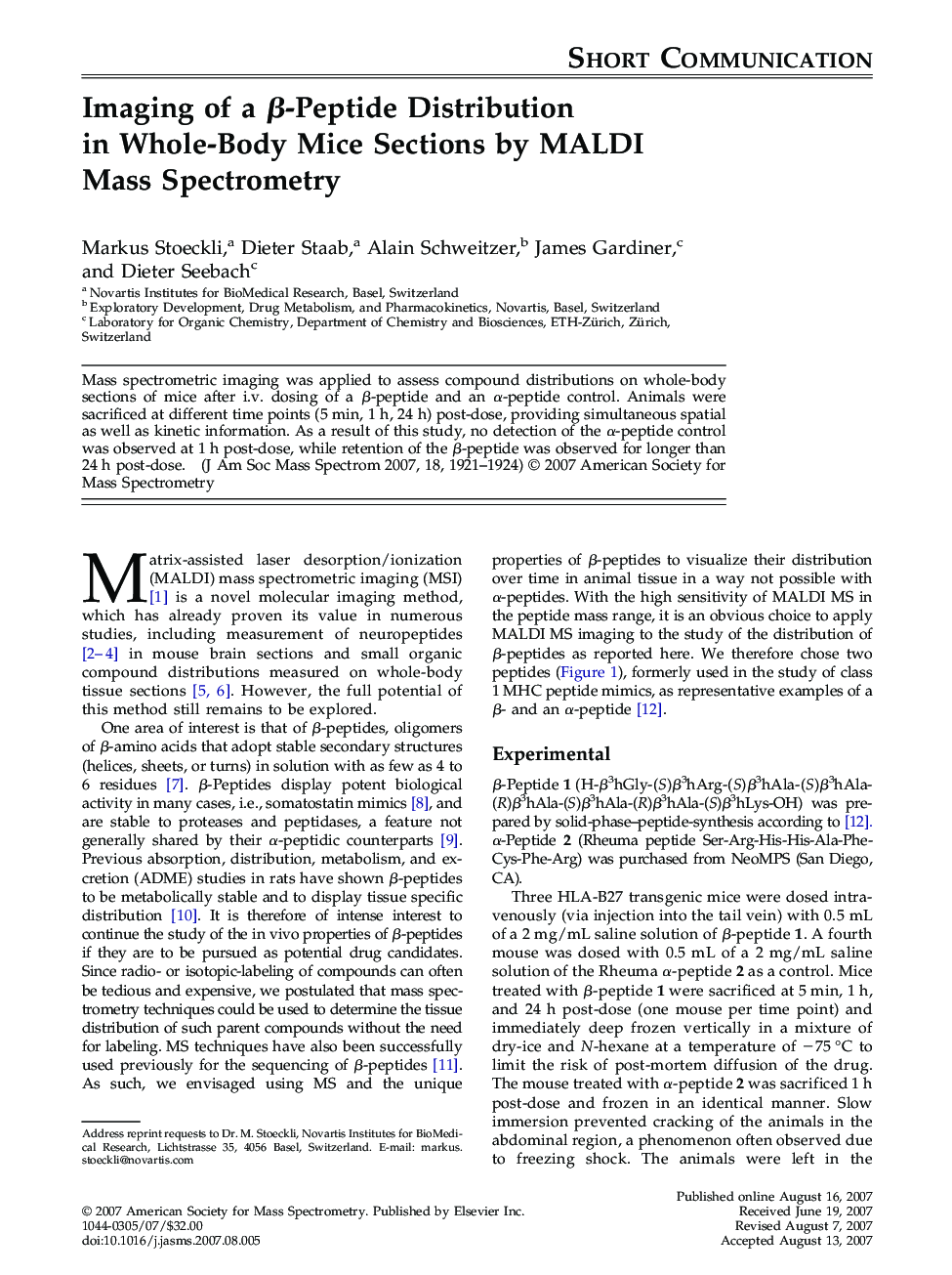 Imaging of a β-Peptide Distribution in Whole-Body Mice Sections by MALDI Mass Spectrometry 