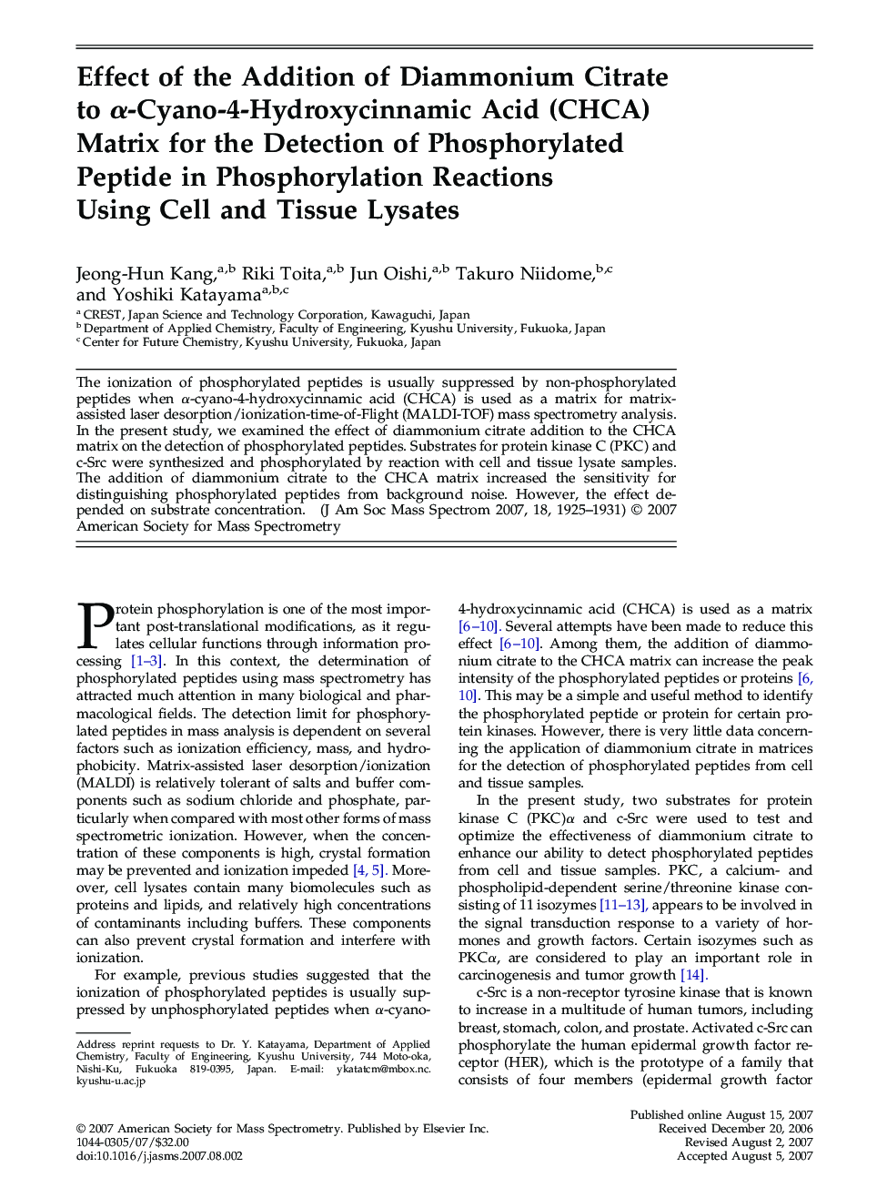 Effect of the Addition of Diammonium Citrate to α-Cyano-4-Hydroxycinnamic Acid (CHCA) Matrix for the Detection of Phosphorylated Peptide in Phosphorylation Reactions Using Cell and Tissue Lysates 