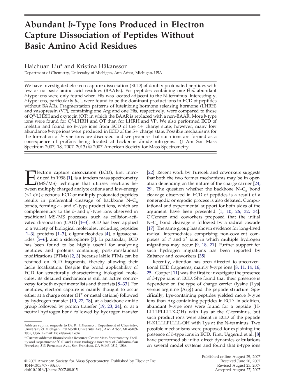 عکس صفحه اول مقاله: Abundant b-Type Ions Produced in Electron Capture Dissociation of Peptides Without Basic Amino Acid Residues Abundant b-Type Ions Produced in Electron Capture Dissociation of Peptides Without Basic Amino Acid Residues
