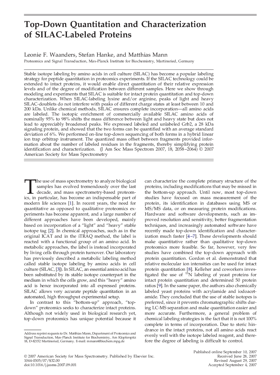 Top-Down Quantitation and Characterization of SILAC-Labeled Proteins 