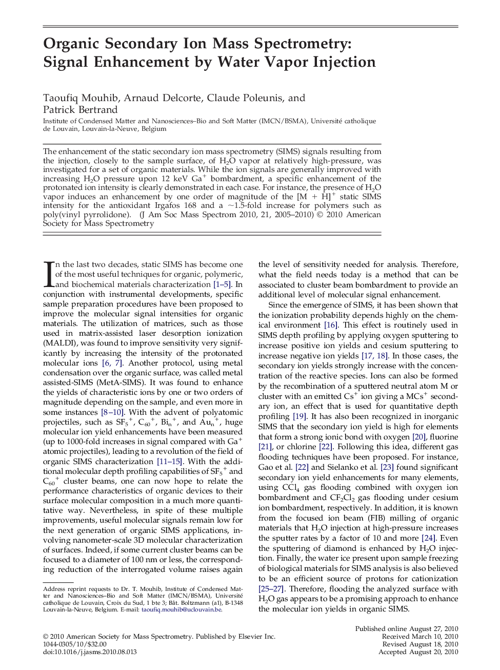 Organic Secondary Ion Mass Spectrometry: Signal Enhancement by Water Vapor Injection 