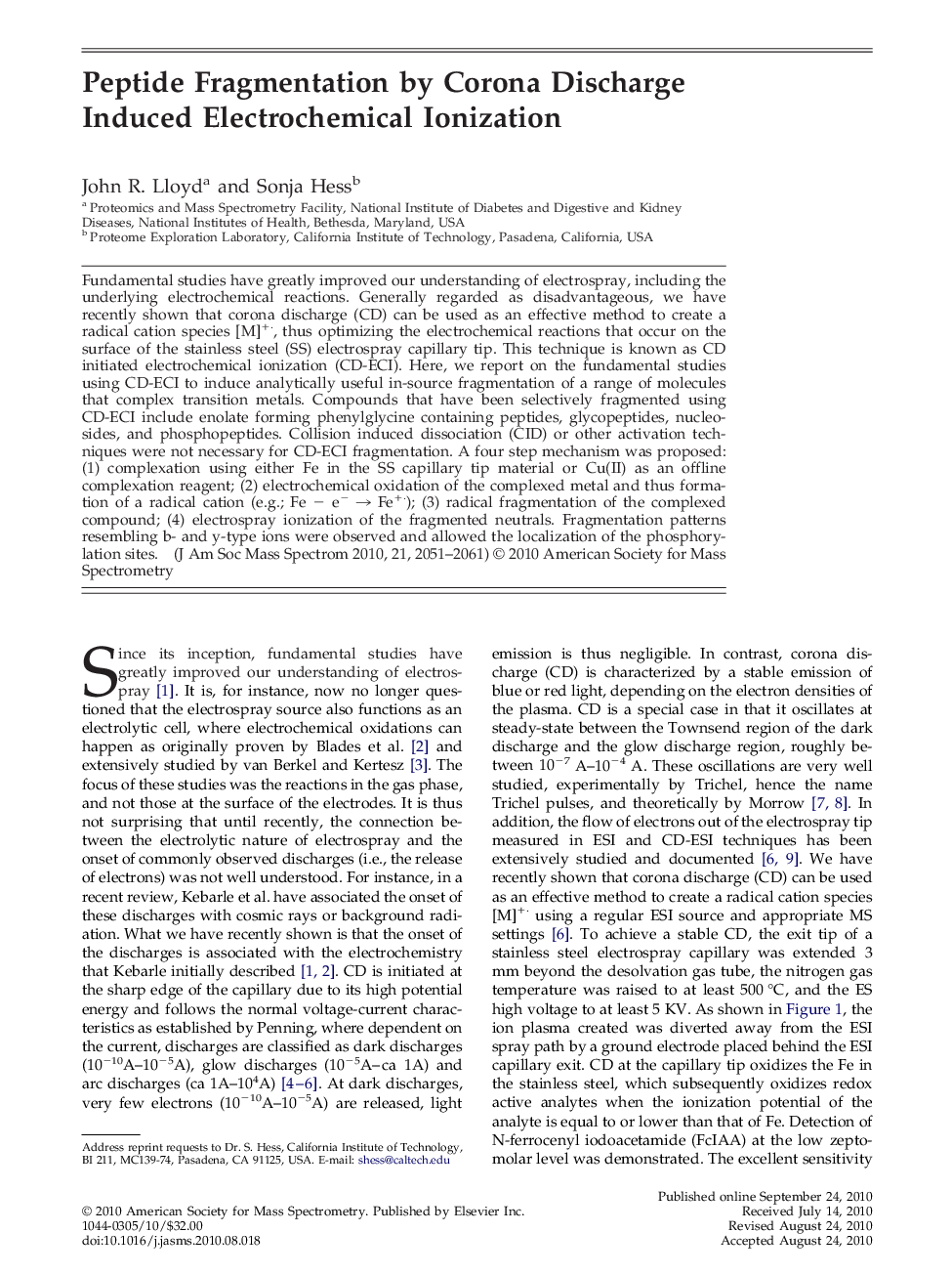 Peptide Fragmentation by Corona Discharge Induced Electrochemical Ionization 