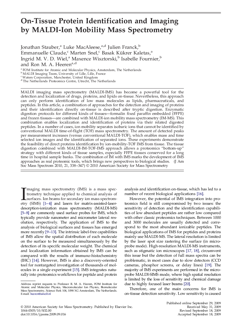On-Tissue Protein Identification and Imaging by MALDI-Ion Mobility Mass Spectrometry 