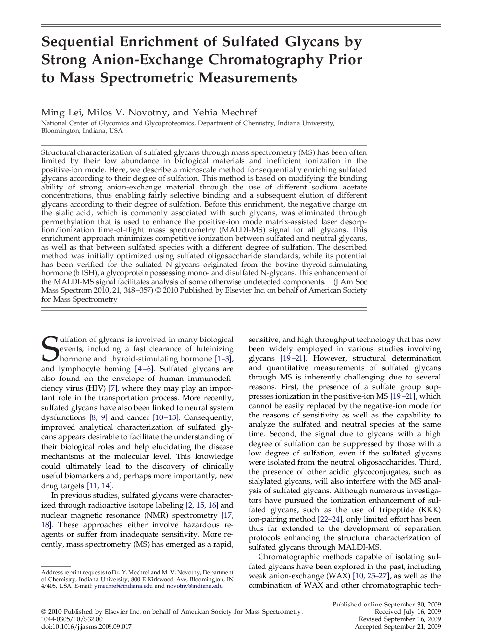Sequential Enrichment of Sulfated Glycans by Strong Anion-Exchange Chromatography Prior to Mass Spectrometric Measurements 