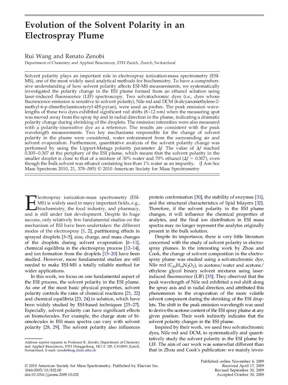 Evolution of the Solvent Polarity in an Electrospray Plume 