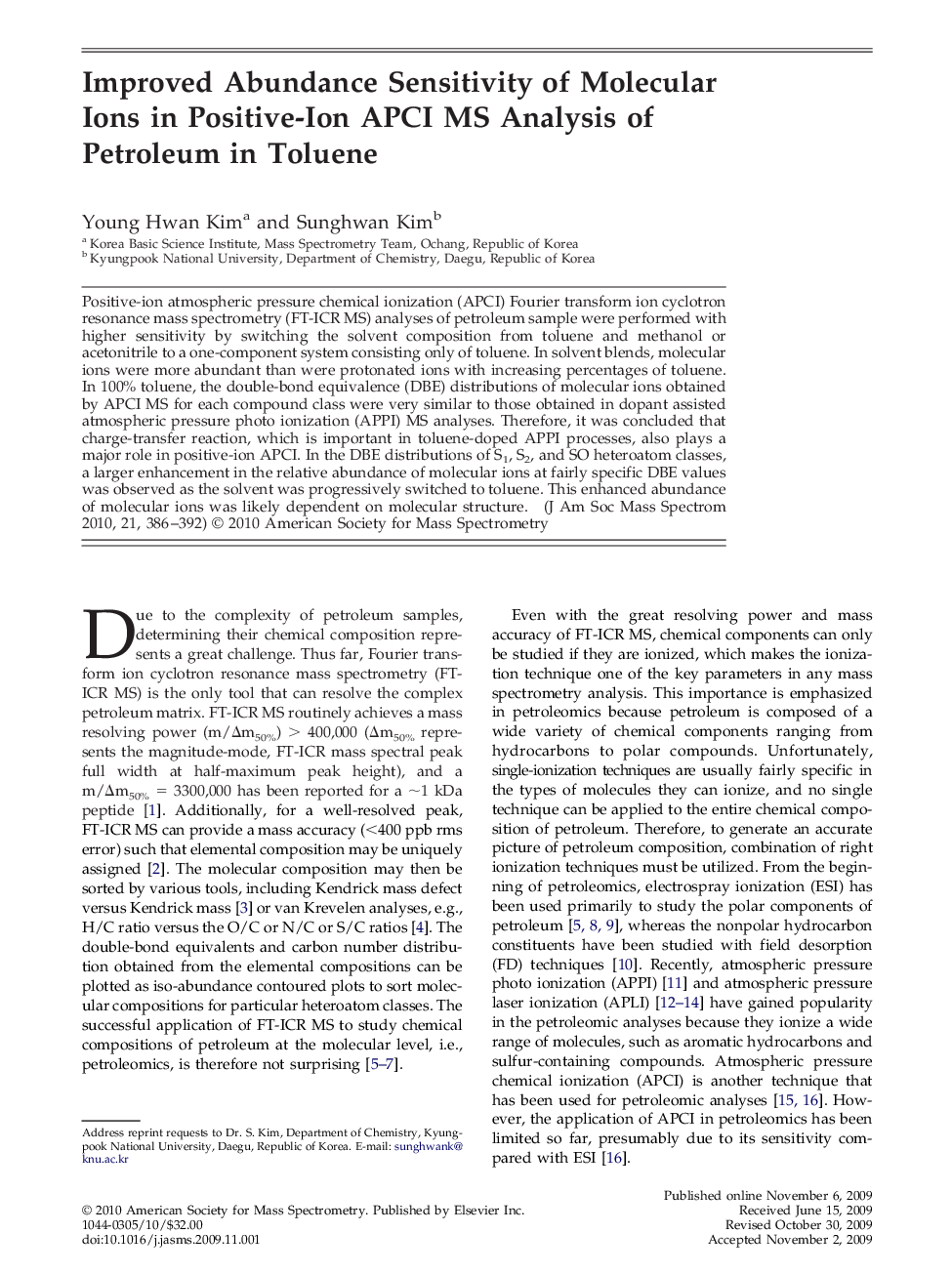 Improved Abundance Sensitivity of Molecular Ions in Positive-Ion APCI MS Analysis of Petroleum in Toluene 