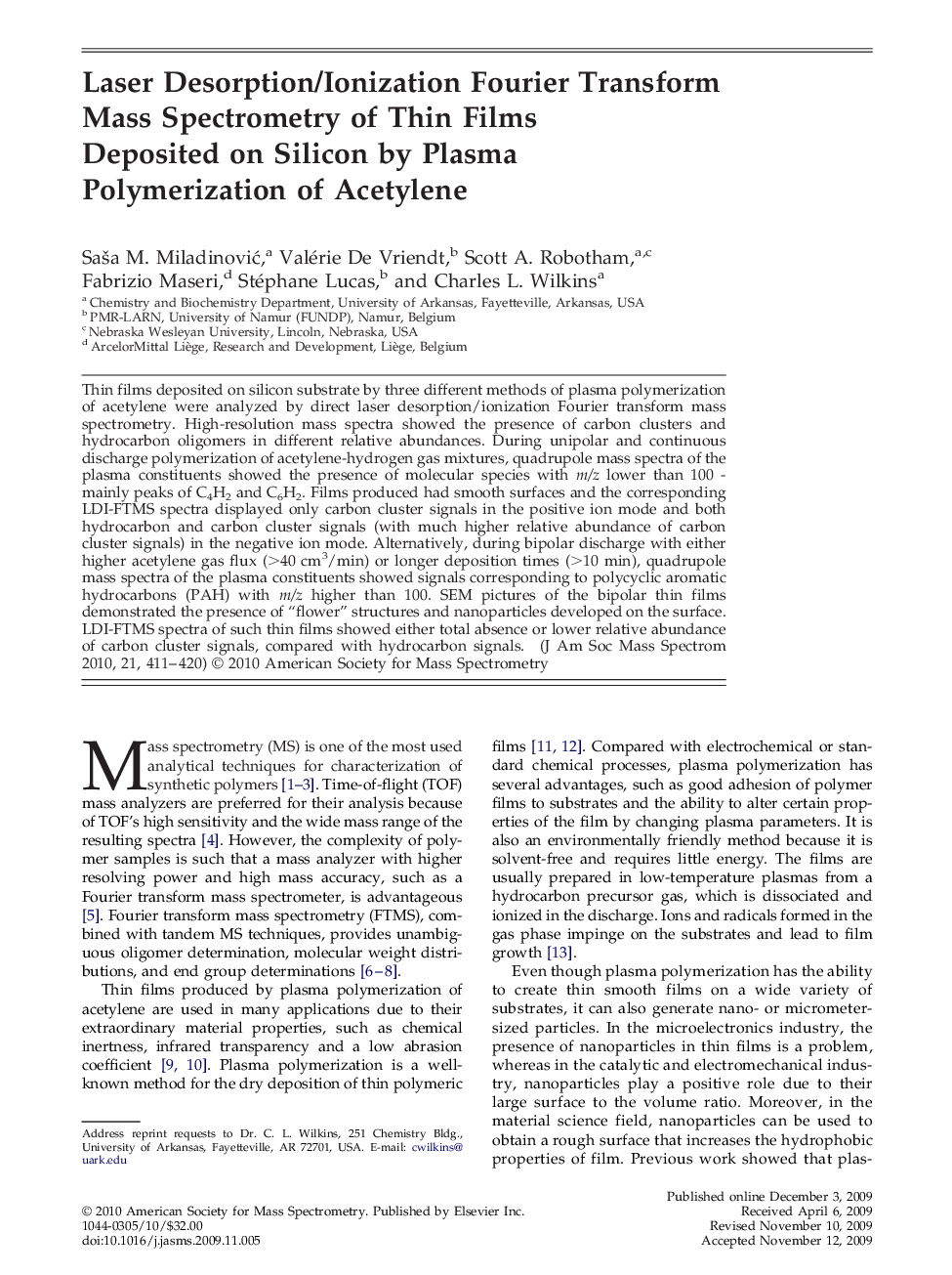 Laser Desorption/Ionization Fourier Transform Mass Spectrometry of Thin Films Deposited on Silicon by Plasma Polymerization of Acetylene 