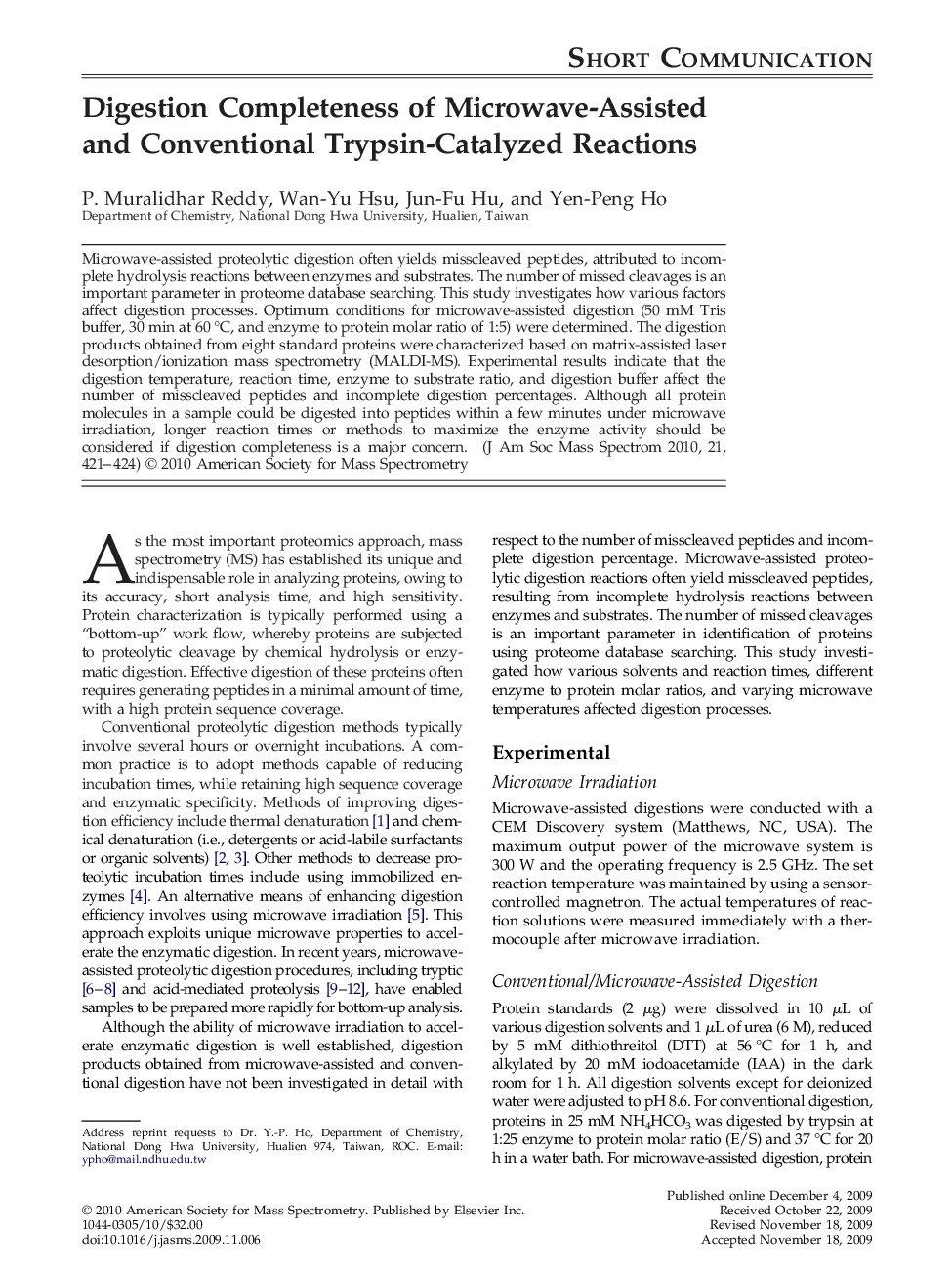Digestion Completeness of Microwave-Assisted and Conventional Trypsin-Catalyzed Reactions 