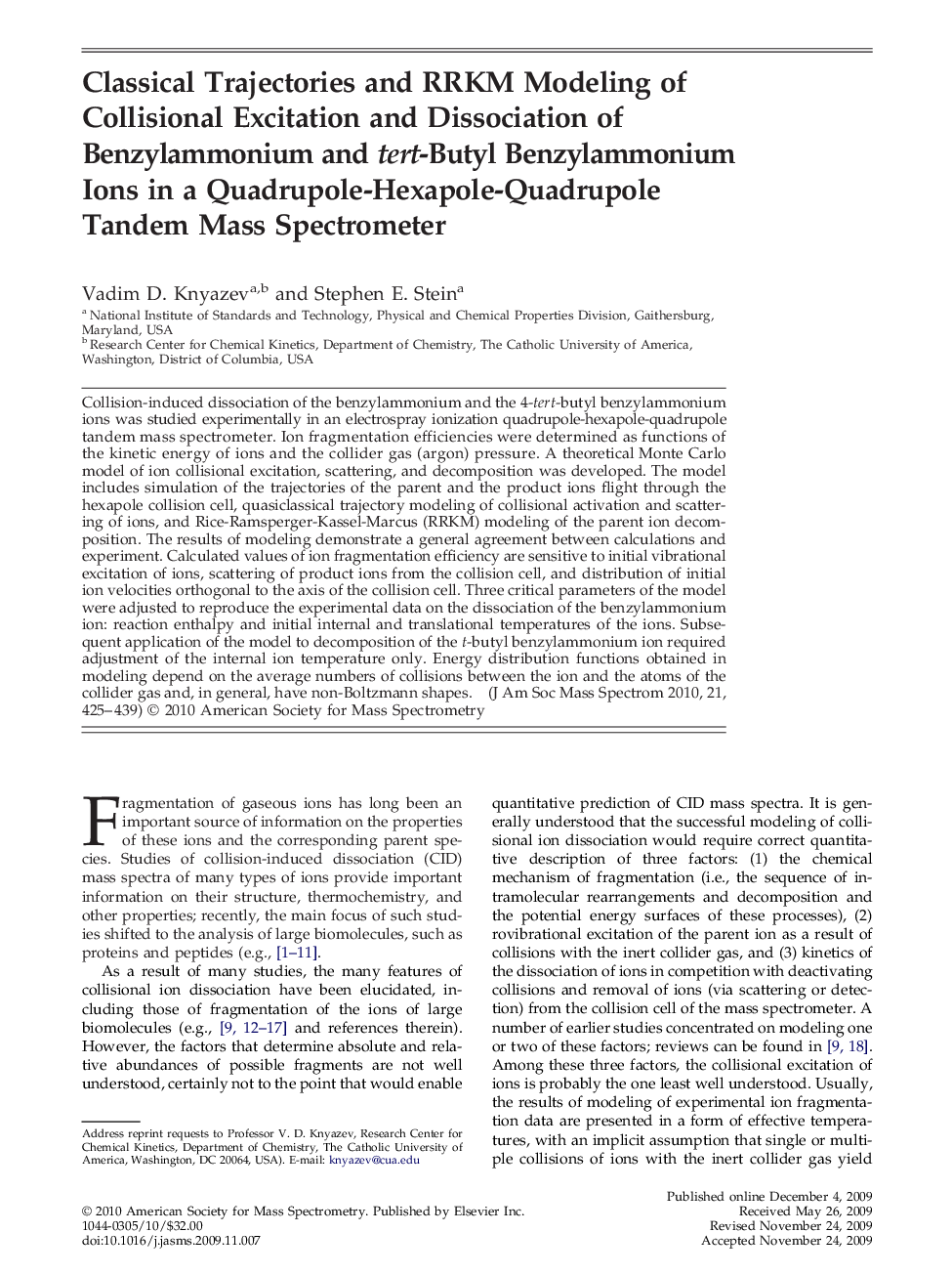 Classical Trajectories and RRKM Modeling of Collisional Excitation and Dissociation of Benzylammonium and tert-Butyl Benzylammonium Ions in a Quadrupole-Hexapole-Quadrupole Tandem Mass Spectrometer 