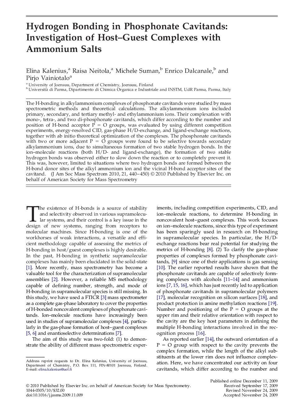 Hydrogen Bonding in Phosphonate Cavitands: Investigation of Host–Guest Complexes with Ammonium Salts 