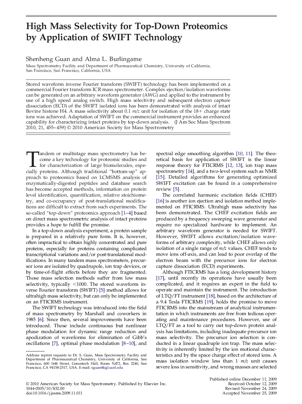 High Mass Selectivity for Top-Down Proteomics by Application of SWIFT Technology 