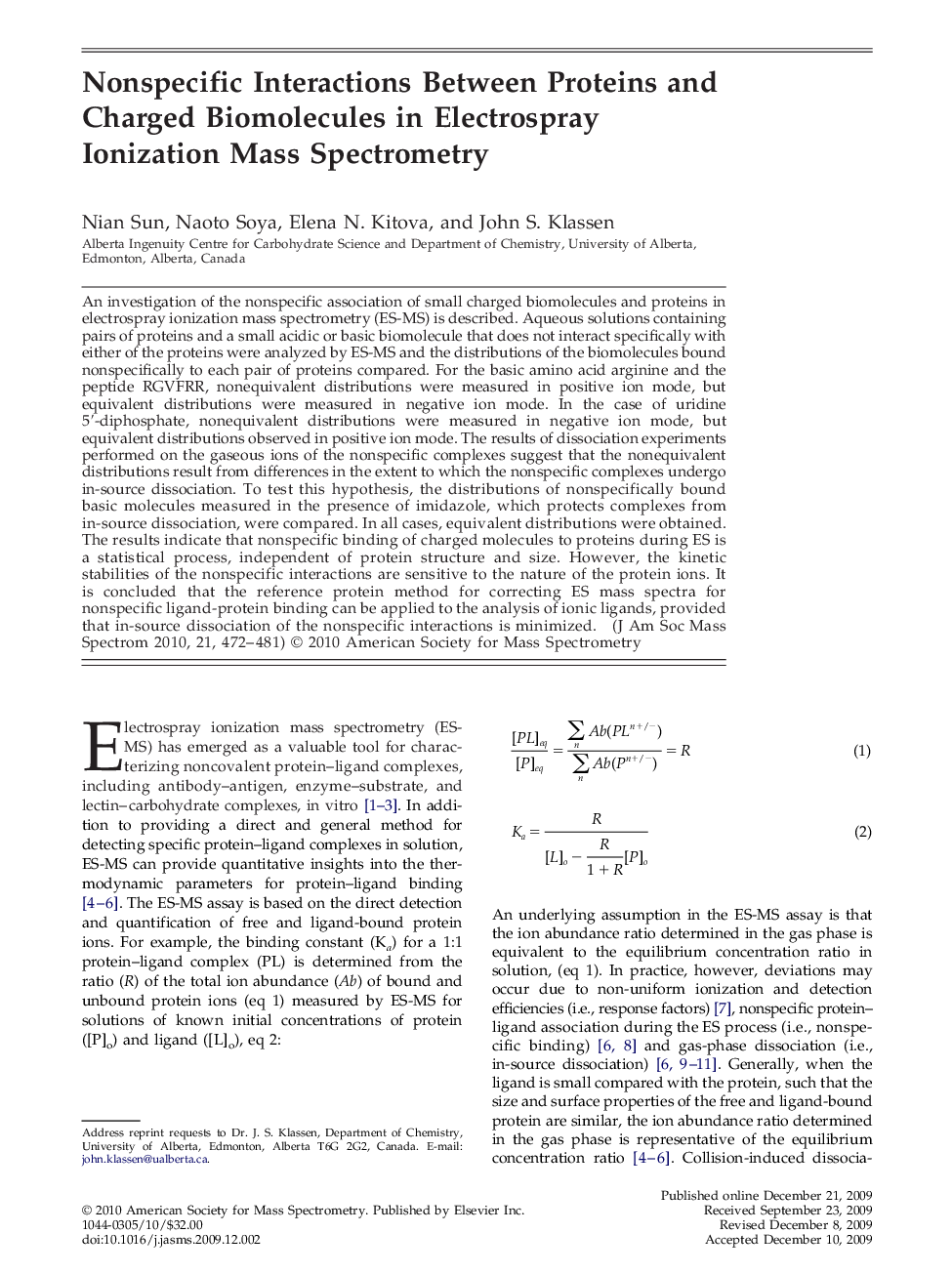 Nonspecific Interactions Between Proteins and Charged Biomolecules in Electrospray Ionization Mass Spectrometry 
