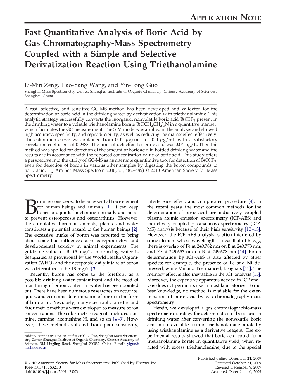 Fast Quantitative Analysis of Boric Acid by Gas Chromatography-Mass Spectrometry Coupled with a Simple and Selective Derivatization Reaction Using Triethanolamine 