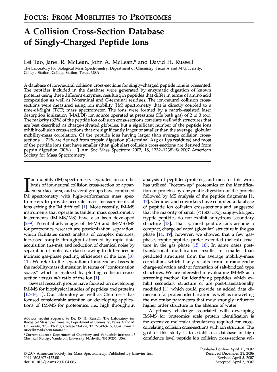 A Collision Cross-Section Database of Singly-Charged Peptide Ions 