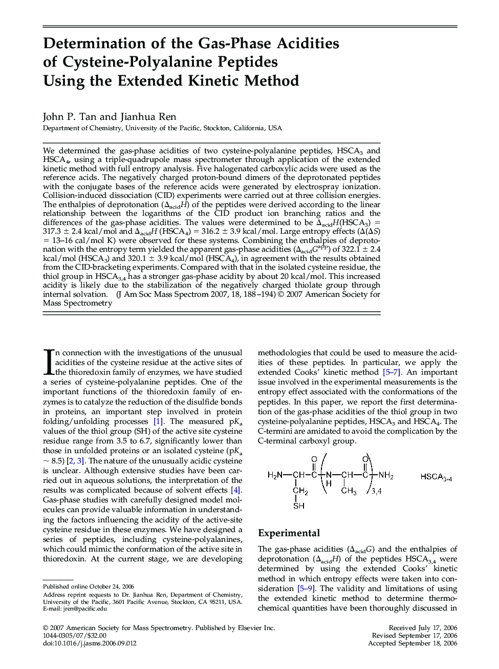 Determination of the Gas-Phase Acidities of Cysteine-Polyalanine Peptides Using the Extended Kinetic Method 