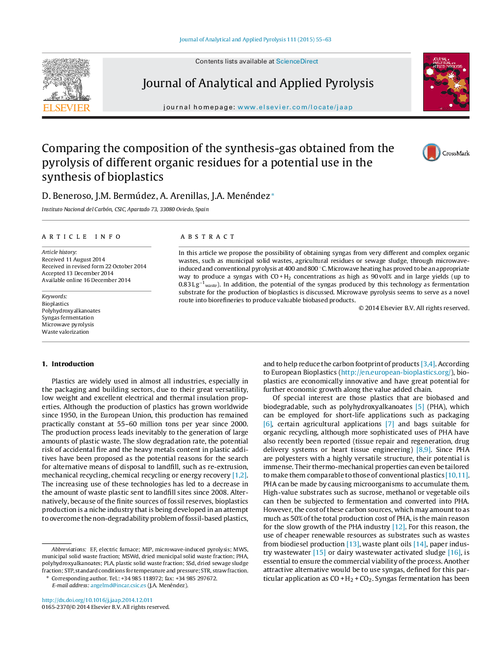 Comparing the composition of the synthesis-gas obtained from the pyrolysis of different organic residues for a potential use in the synthesis of bioplastics