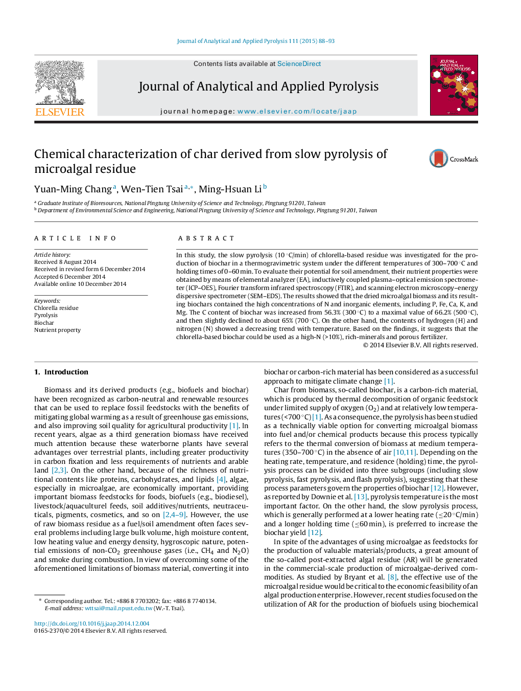 Chemical characterization of char derived from slow pyrolysis of microalgal residue