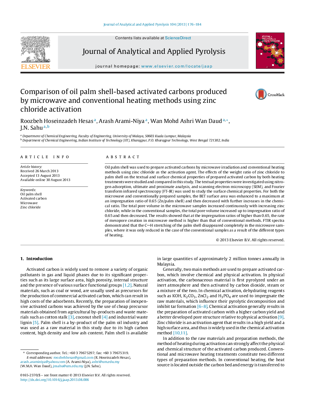 Comparison of oil palm shell-based activated carbons produced by microwave and conventional heating methods using zinc chloride activation