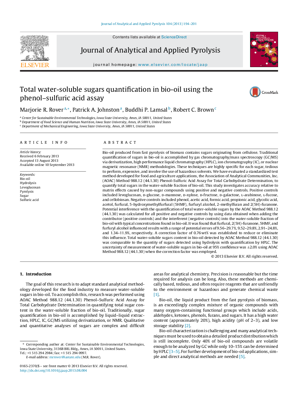 Total water-soluble sugars quantification in bio-oil using the phenol–sulfuric acid assay