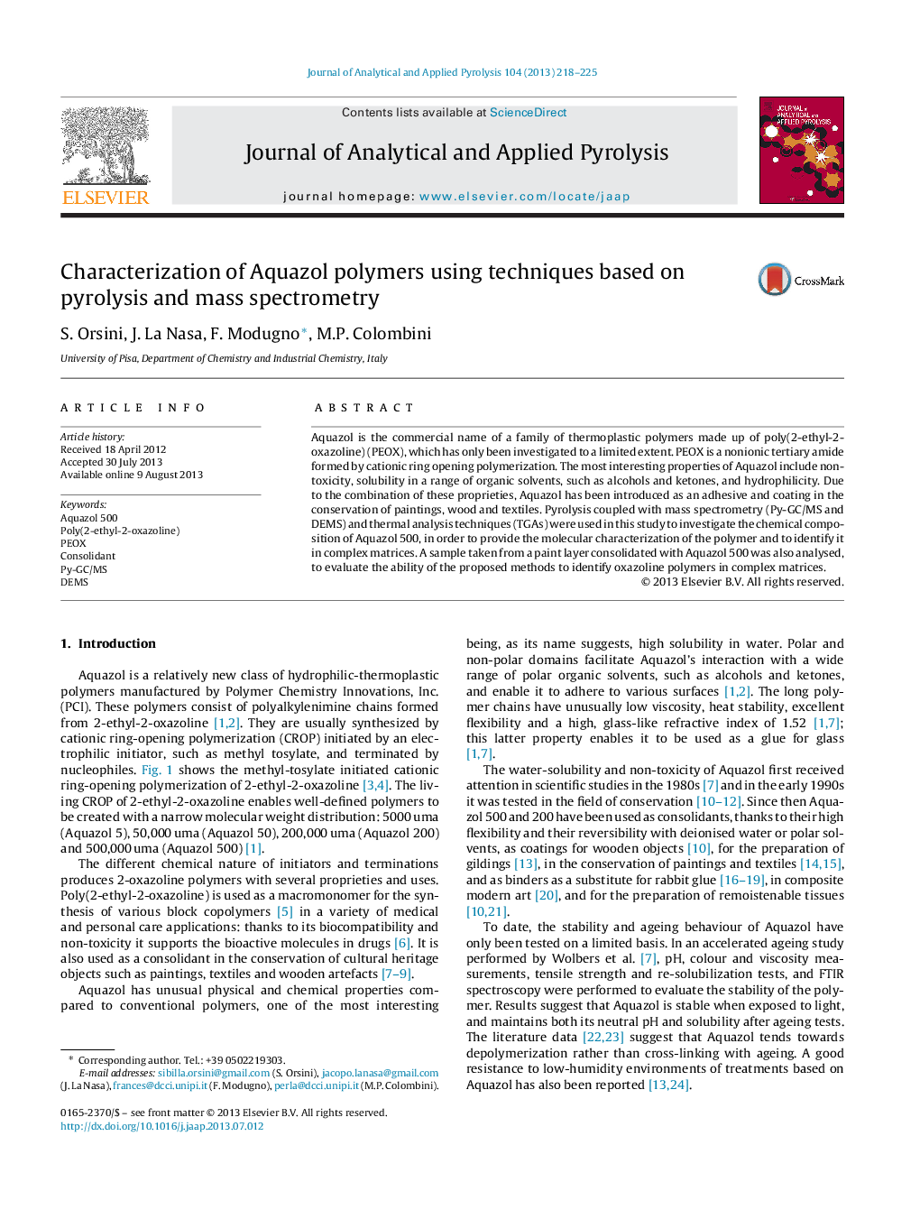 Characterization of Aquazol polymers using techniques based on pyrolysis and mass spectrometry