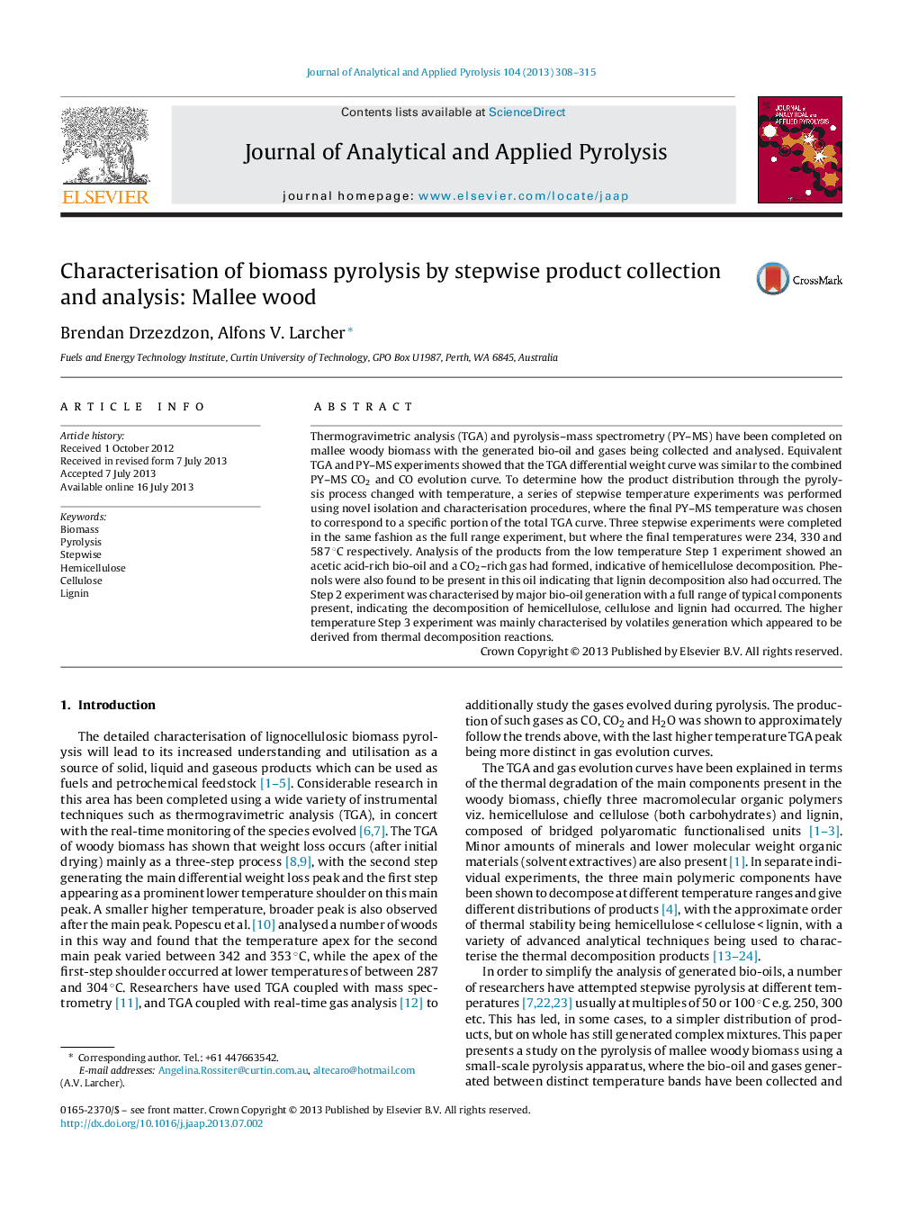 Characterisation of biomass pyrolysis by stepwise product collection and analysis: Mallee wood