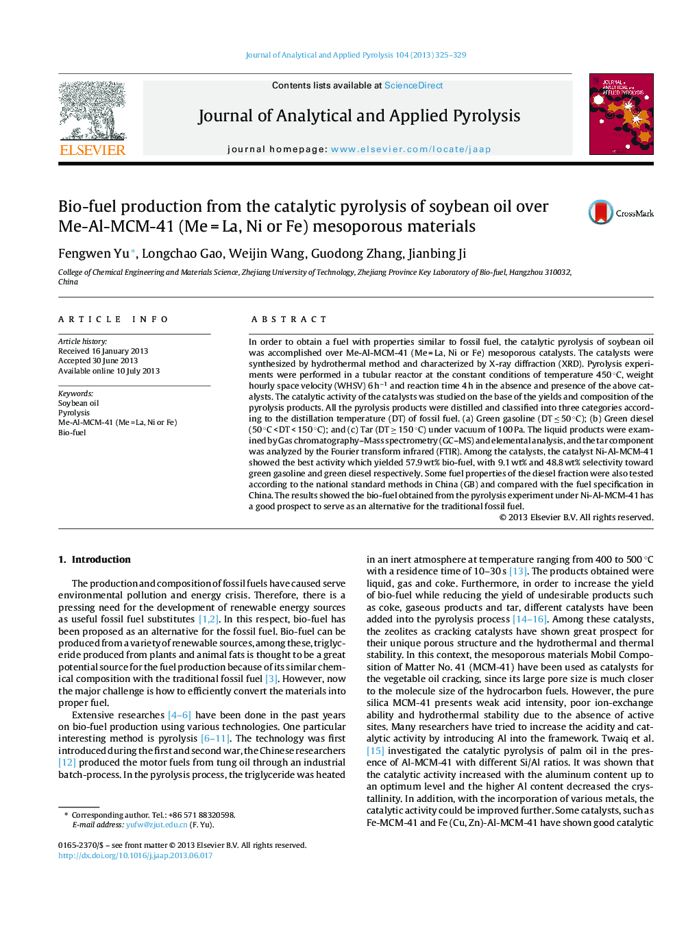 Bio-fuel production from the catalytic pyrolysis of soybean oil over Me-Al-MCM-41 (Me = La, Ni or Fe) mesoporous materials