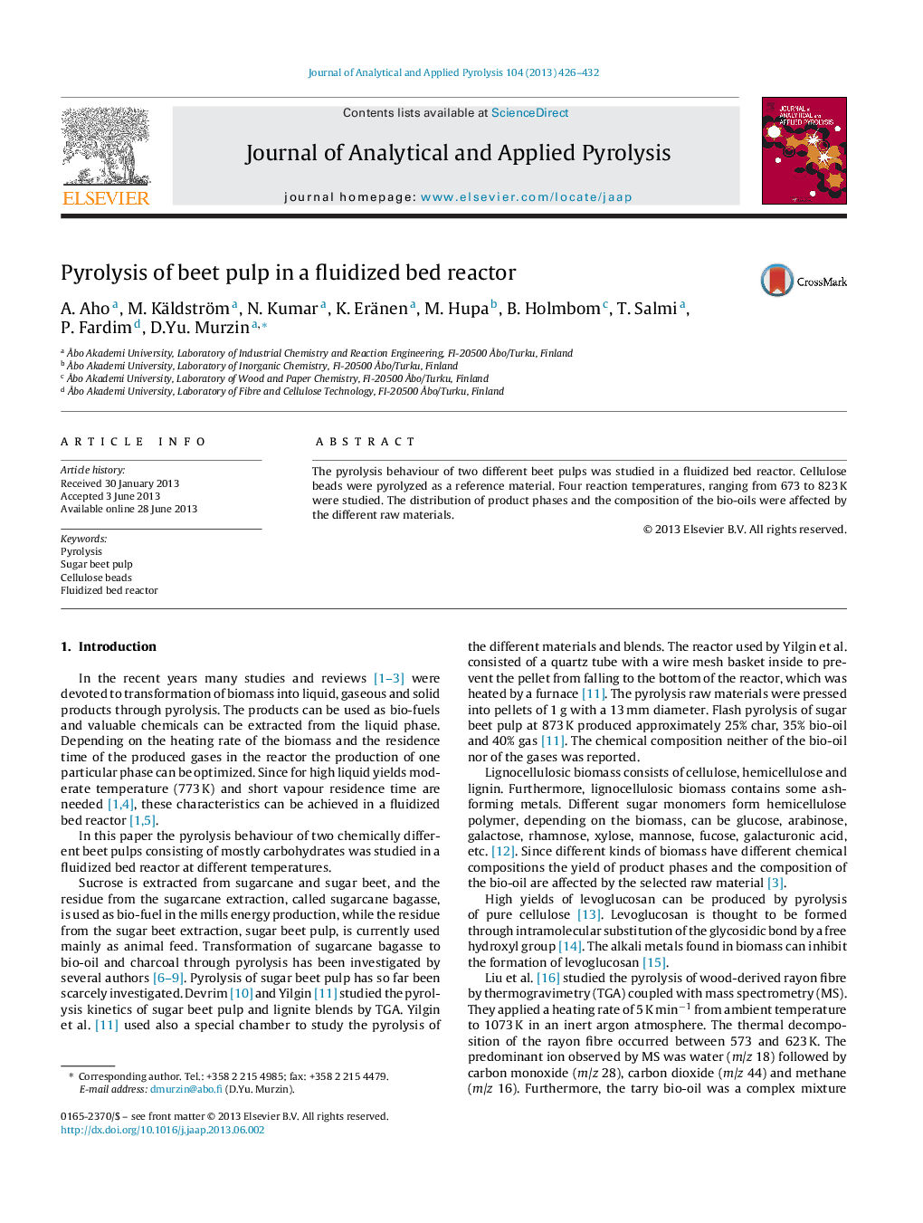 Pyrolysis of beet pulp in a fluidized bed reactor