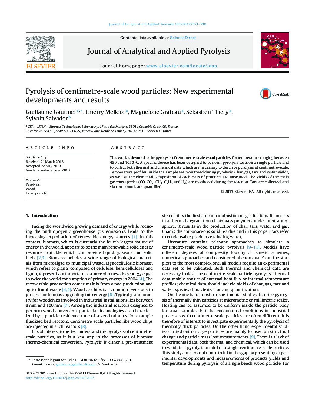 Pyrolysis of centimetre-scale wood particles: New experimental developments and results