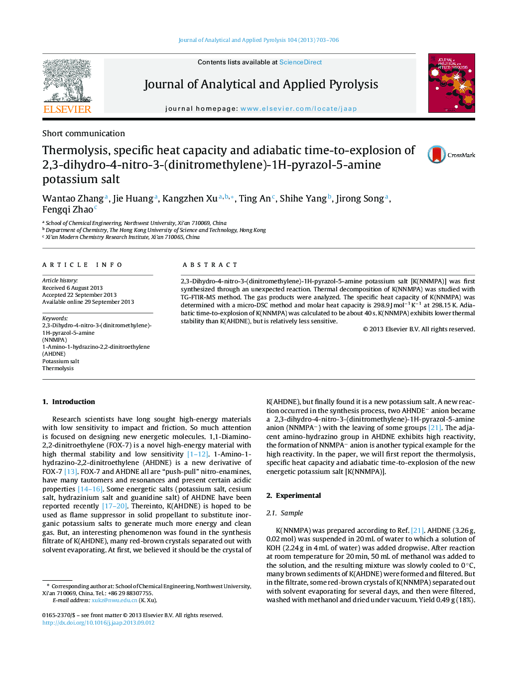 Thermolysis, specific heat capacity and adiabatic time-to-explosion of 2,3-dihydro-4-nitro-3-(dinitromethylene)-1H-pyrazol-5-amine potassium salt