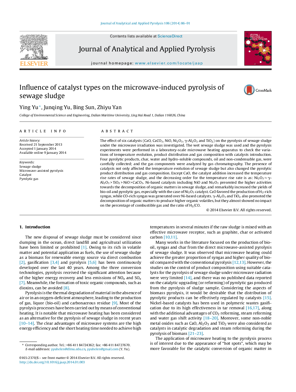 Influence of catalyst types on the microwave-induced pyrolysis of sewage sludge