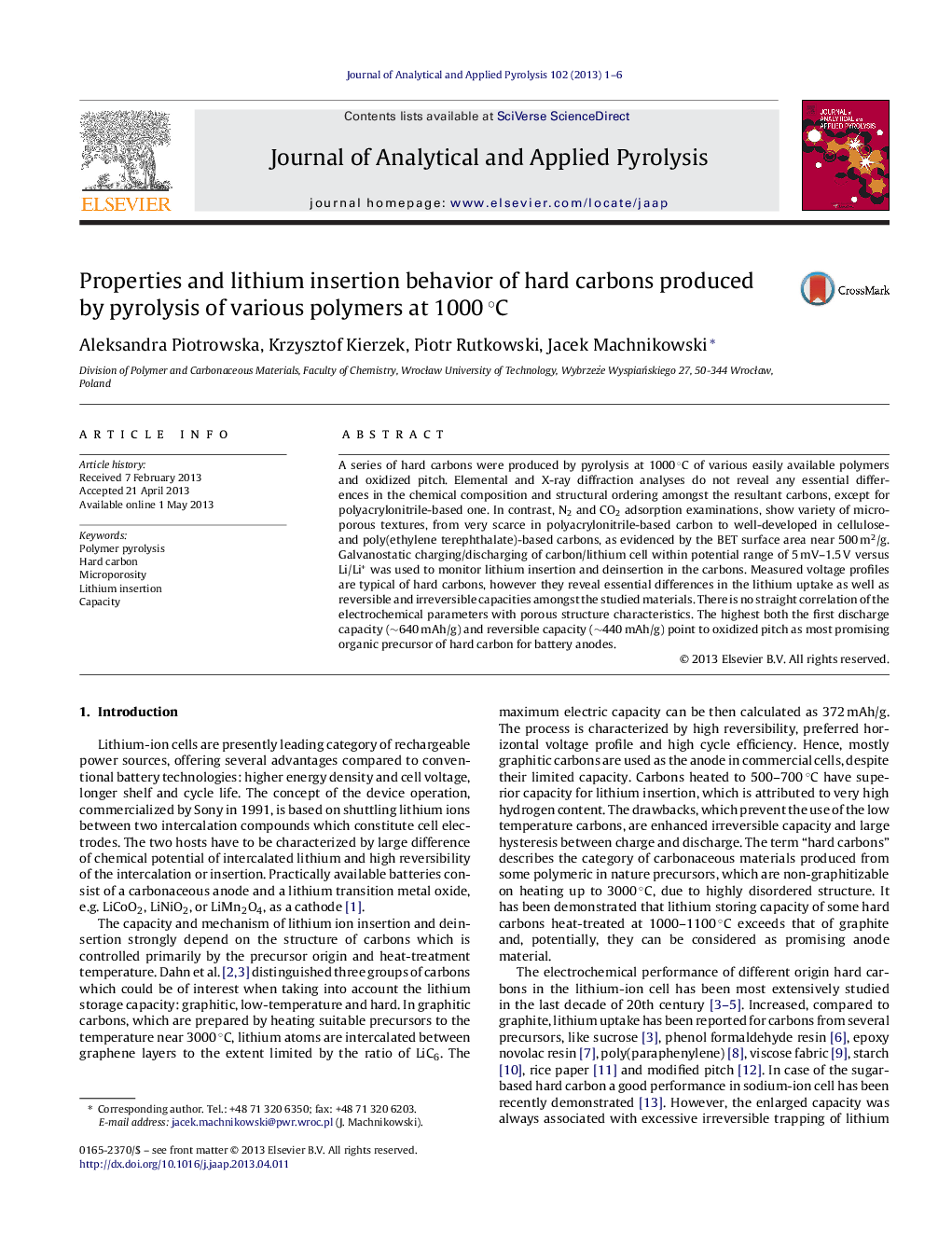 Properties and lithium insertion behavior of hard carbons produced by pyrolysis of various polymers at 1000 °C