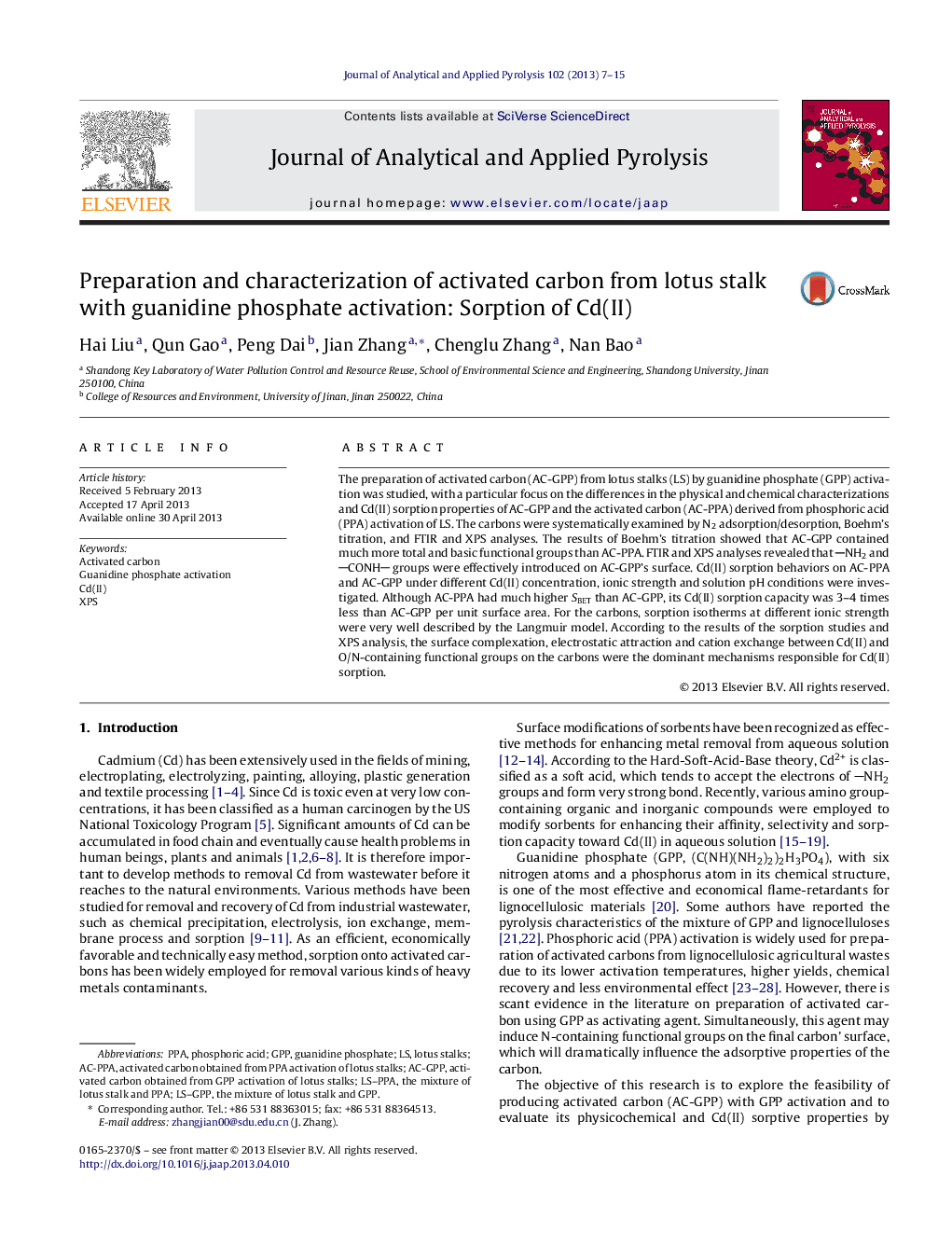 Preparation and characterization of activated carbon from lotus stalk with guanidine phosphate activation: Sorption of Cd(II)