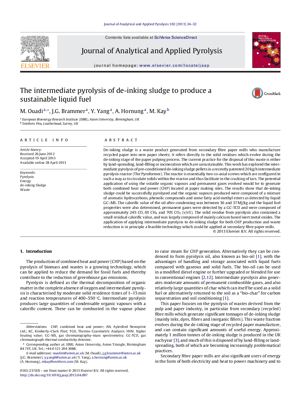 The intermediate pyrolysis of de-inking sludge to produce a sustainable liquid fuel