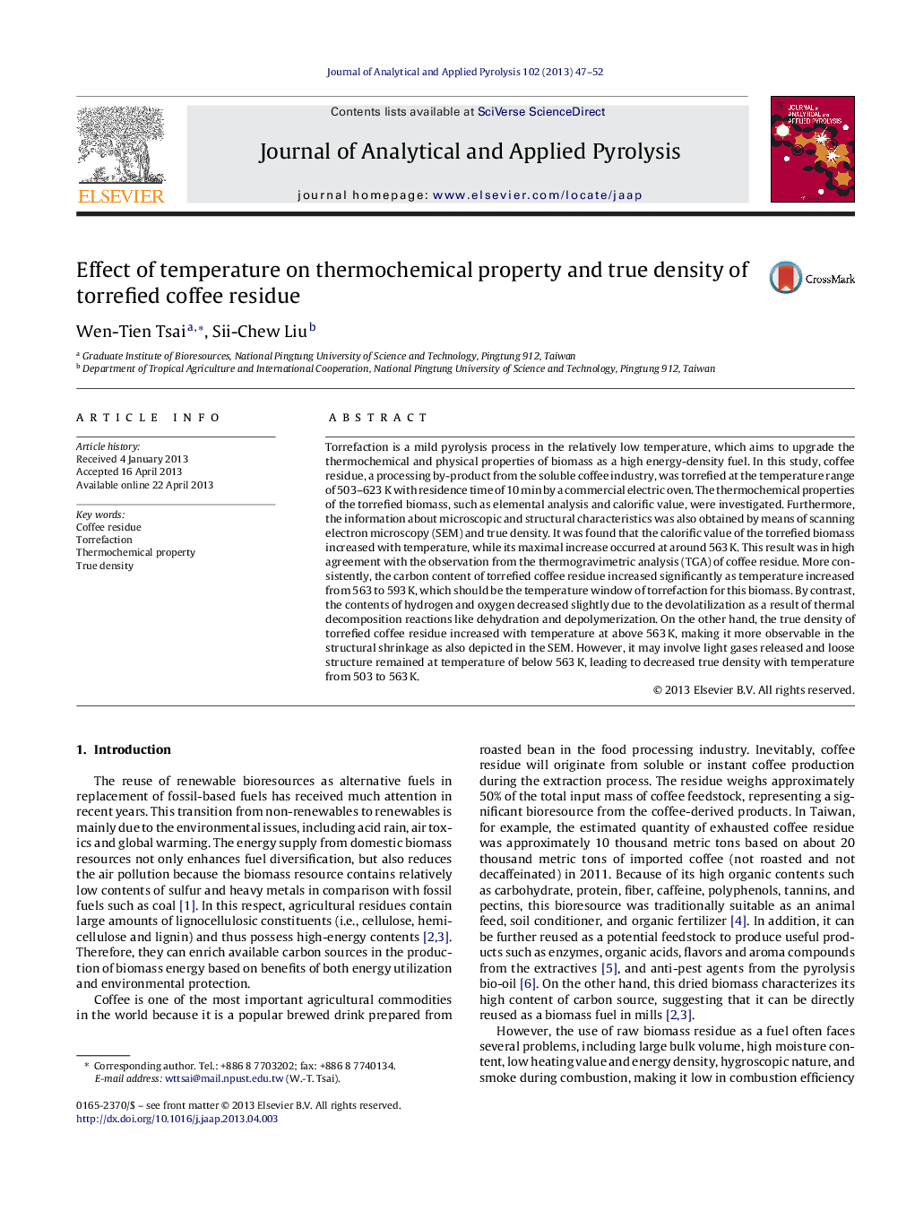 Effect of temperature on thermochemical property and true density of torrefied coffee residue