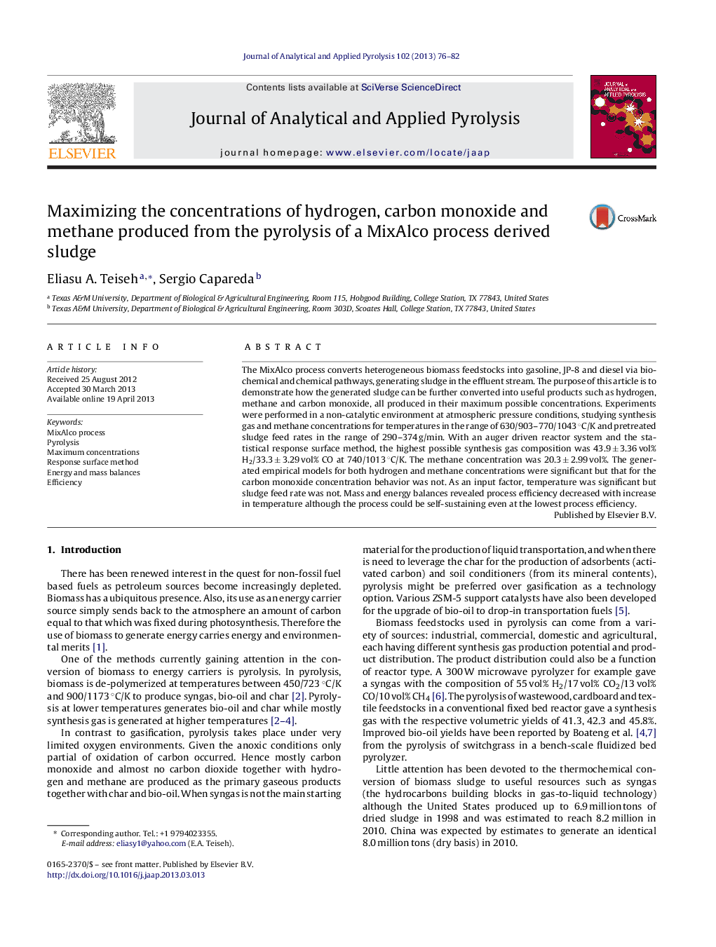 Maximizing the concentrations of hydrogen, carbon monoxide and methane produced from the pyrolysis of a MixAlco process derived sludge