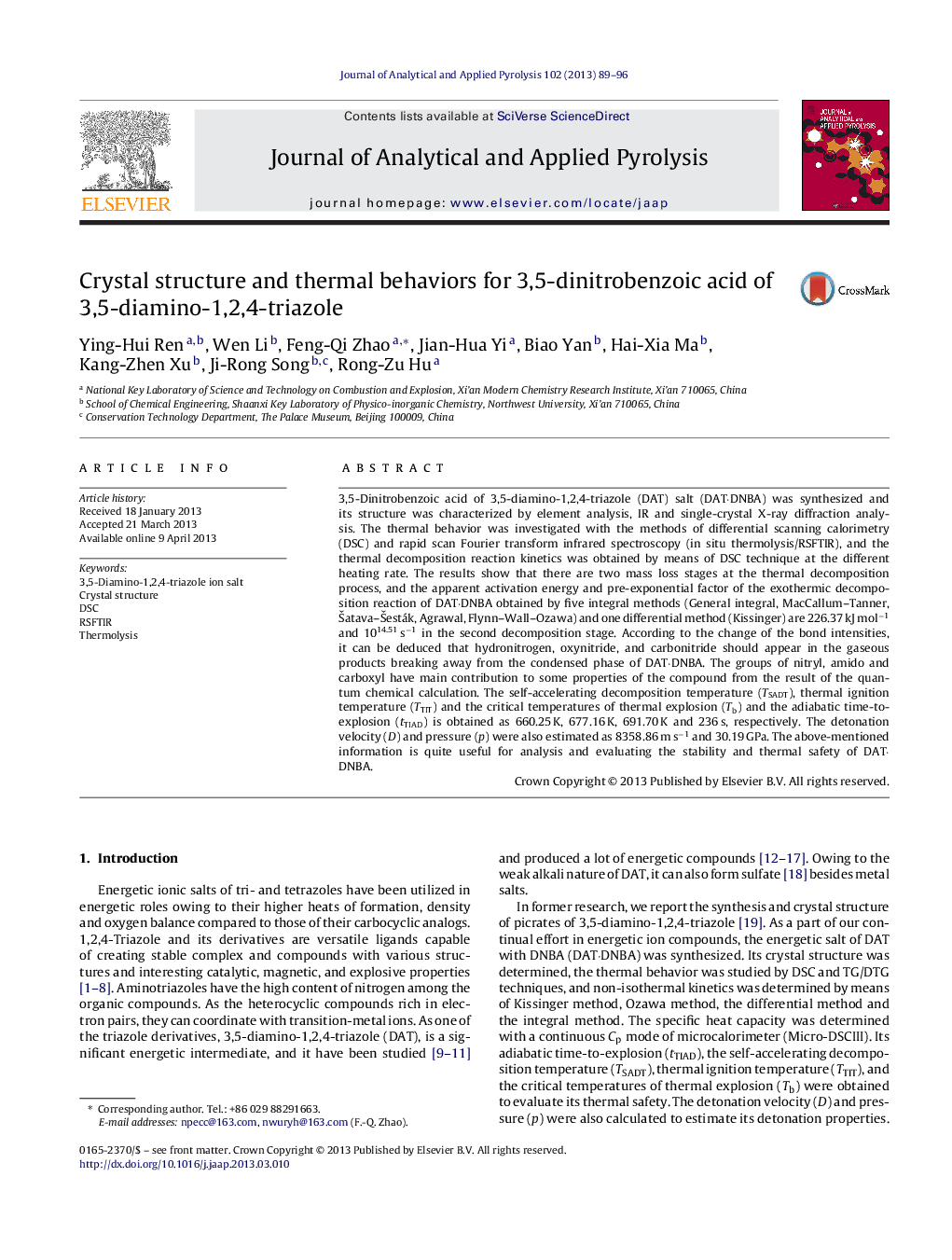 Crystal structure and thermal behaviors for 3,5-dinitrobenzoic acid of 3,5-diamino-1,2,4-triazole