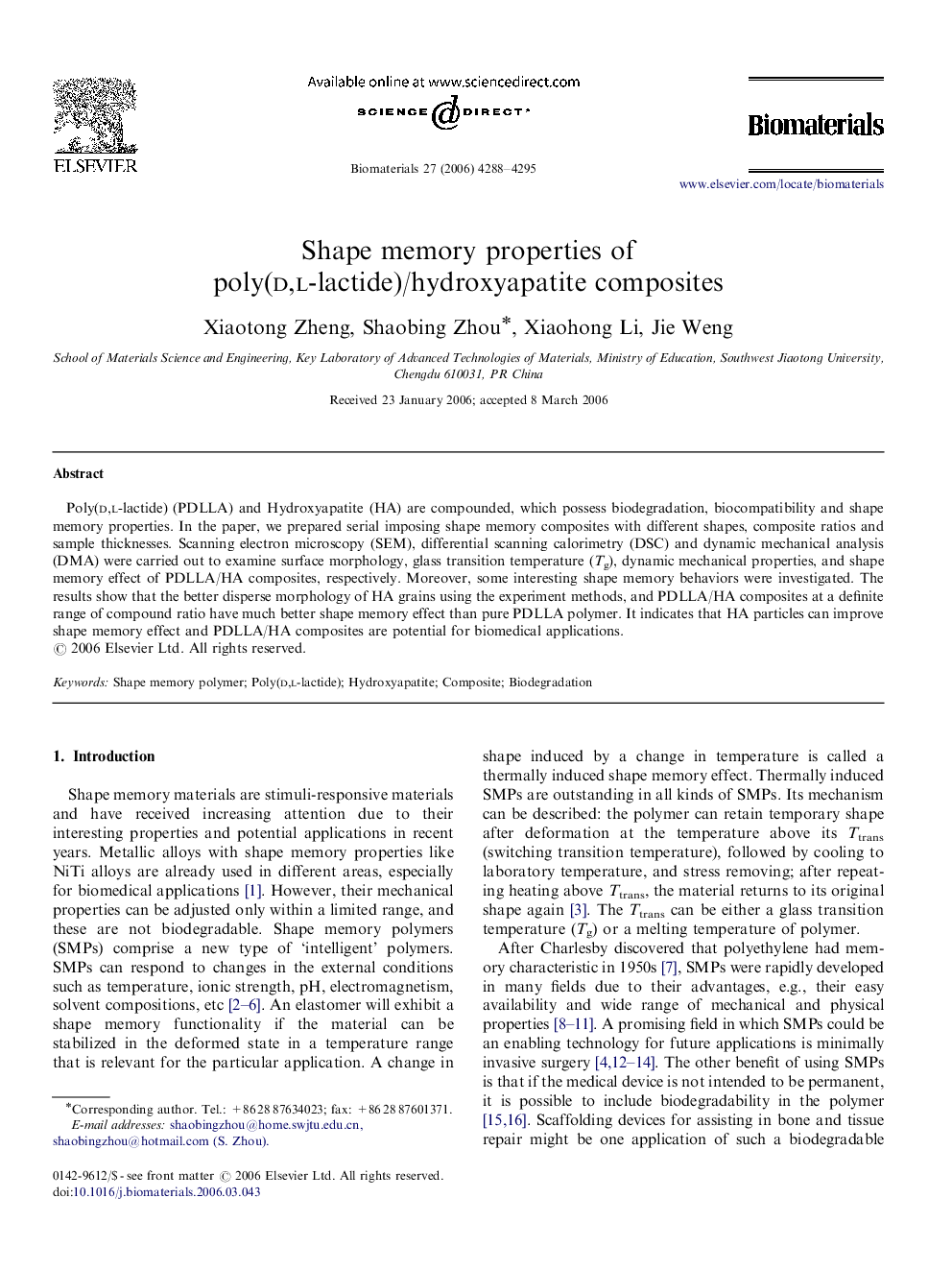 Shape memory properties of poly(d,l-lactide)/hydroxyapatite composites