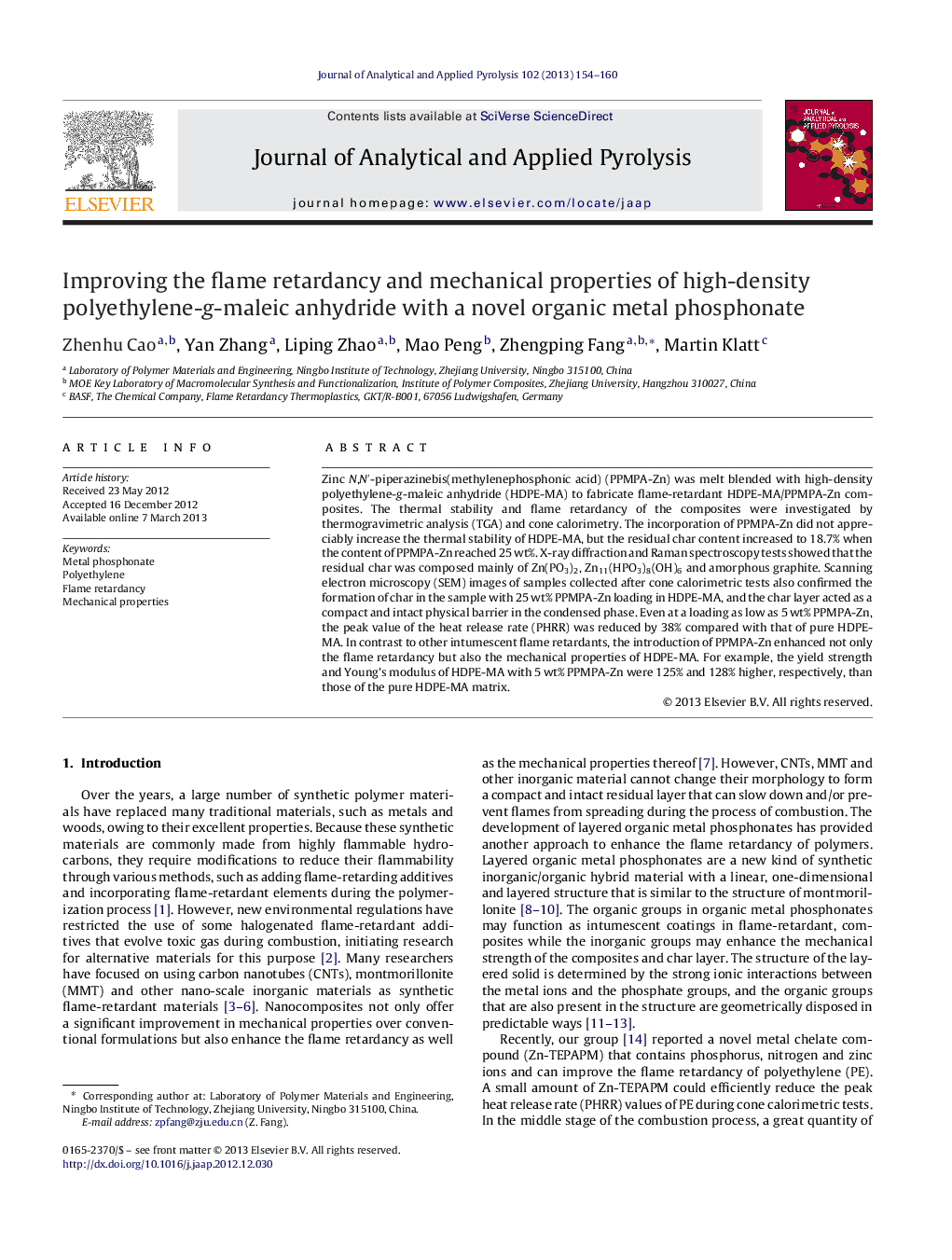 Improving the flame retardancy and mechanical properties of high-density polyethylene-g-maleic anhydride with a novel organic metal phosphonate