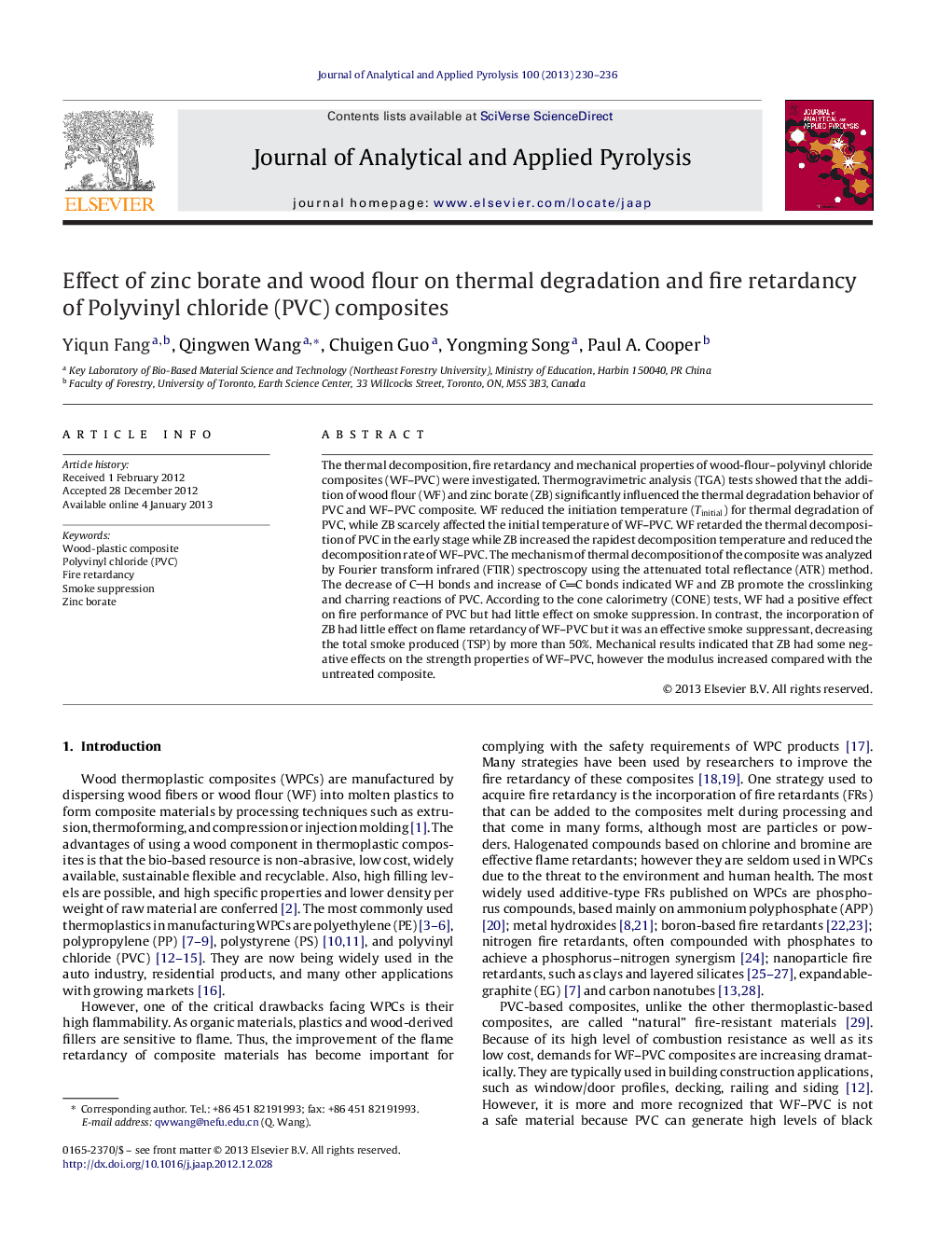 Effect of zinc borate and wood flour on thermal degradation and fire retardancy of Polyvinyl chloride (PVC) composites