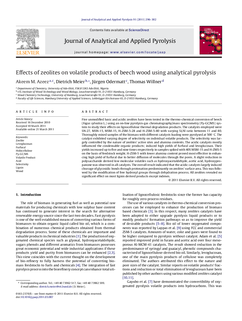 Effects of zeolites on volatile products of beech wood using analytical pyrolysis