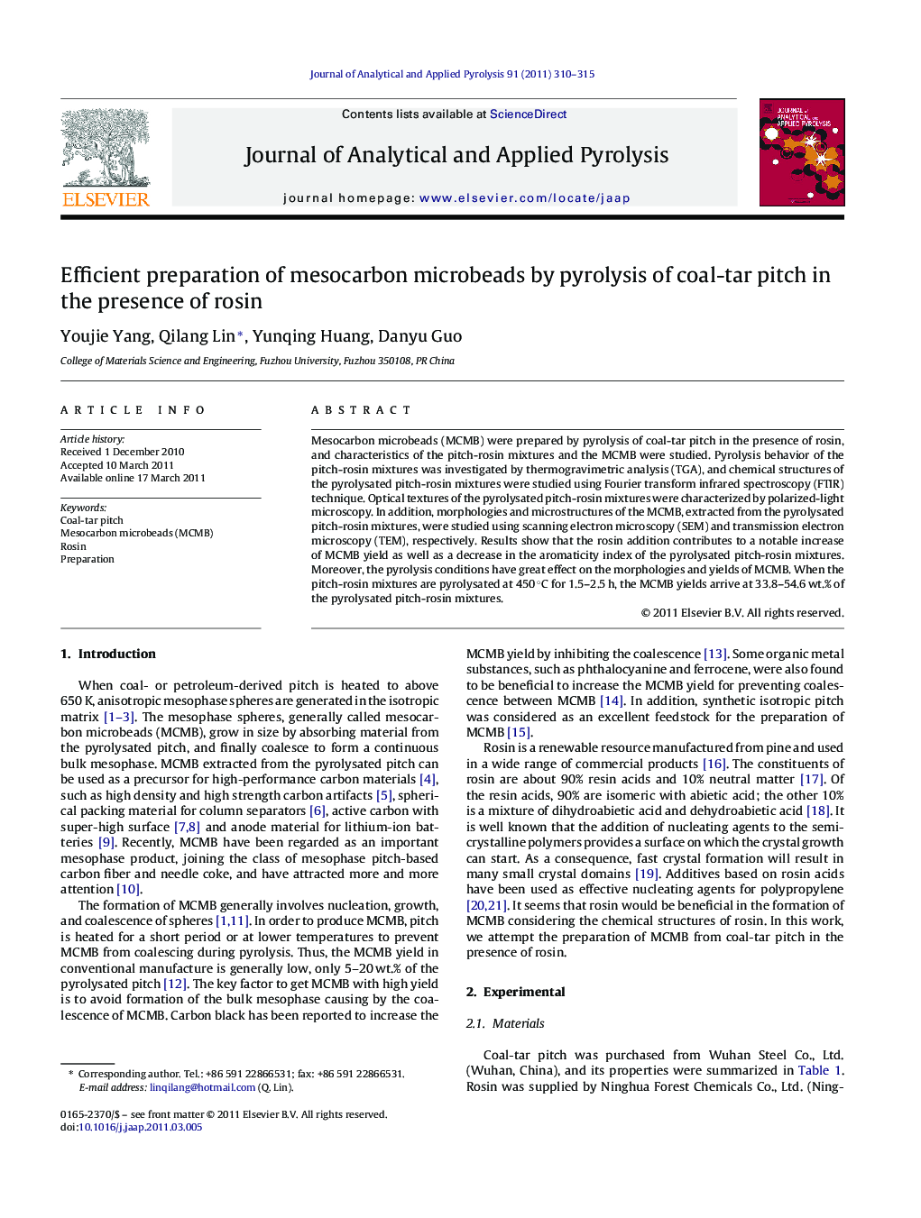 Efficient preparation of mesocarbon microbeads by pyrolysis of coal-tar pitch in the presence of rosin