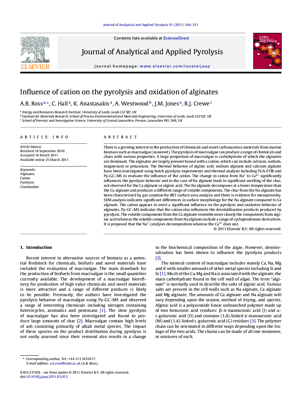 Influence of cation on the pyrolysis and oxidation of alginates