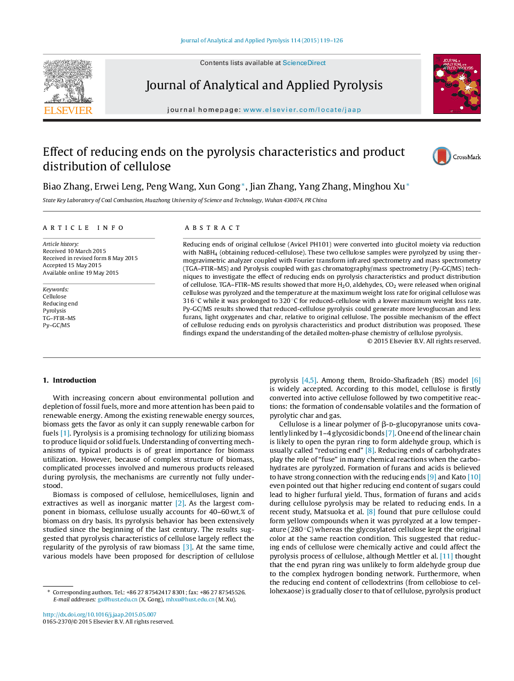 Effect of reducing ends on the pyrolysis characteristics and product distribution of cellulose