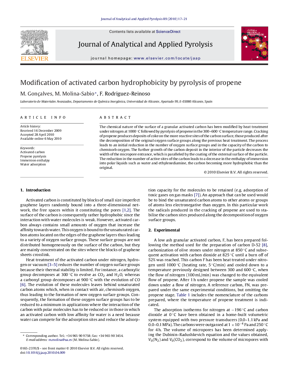 Modification of activated carbon hydrophobicity by pyrolysis of propene