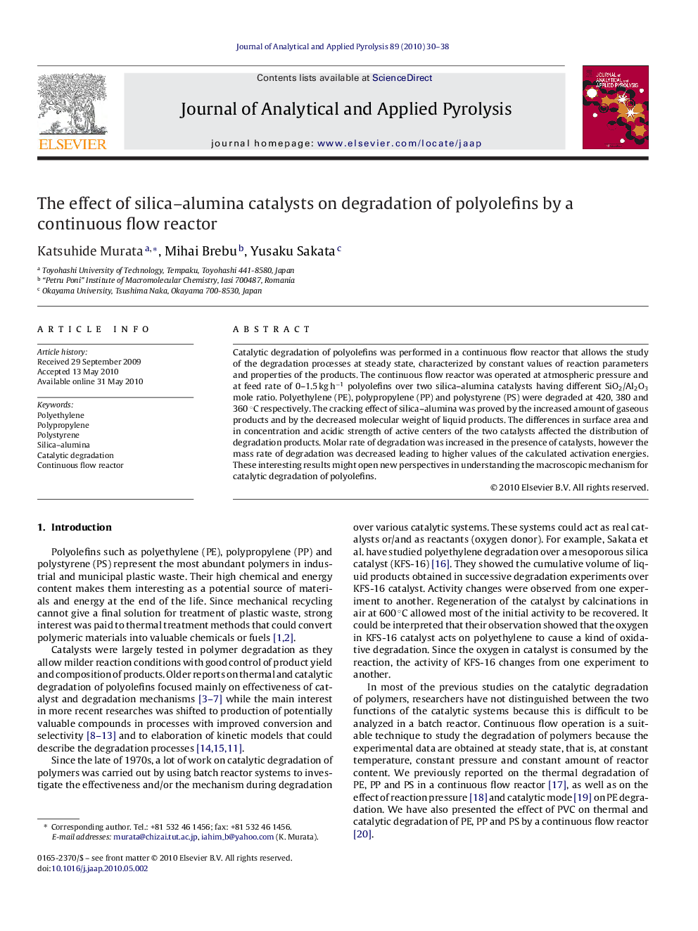 The effect of silica–alumina catalysts on degradation of polyolefins by a continuous flow reactor