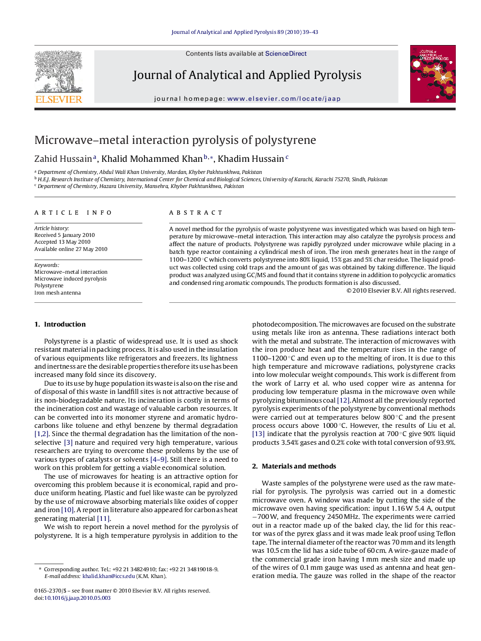 Microwave–metal interaction pyrolysis of polystyrene