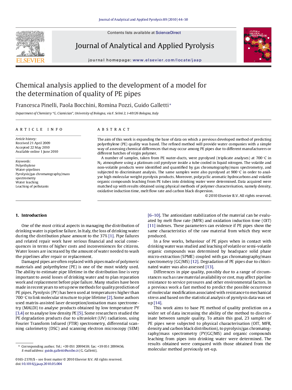 Chemical analysis applied to the development of a model for the determination of quality of PE pipes