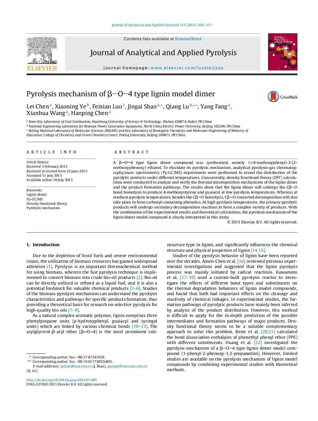 Pyrolysis mechanism of βO4 type lignin model dimer