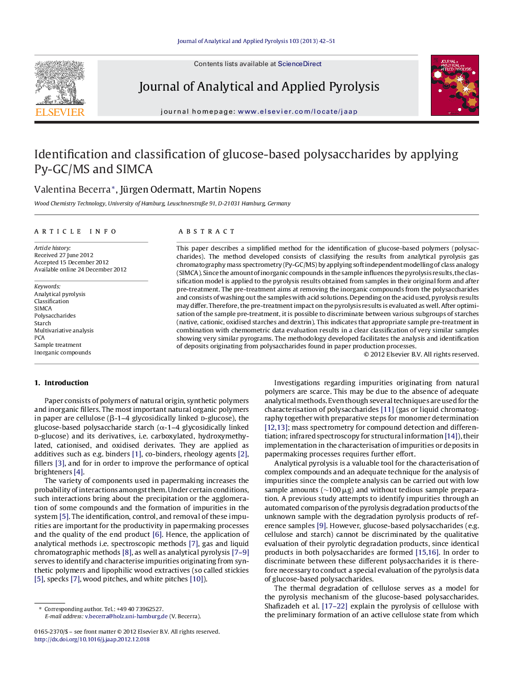 Identification and classification of glucose-based polysaccharides by applying Py-GC/MS and SIMCA